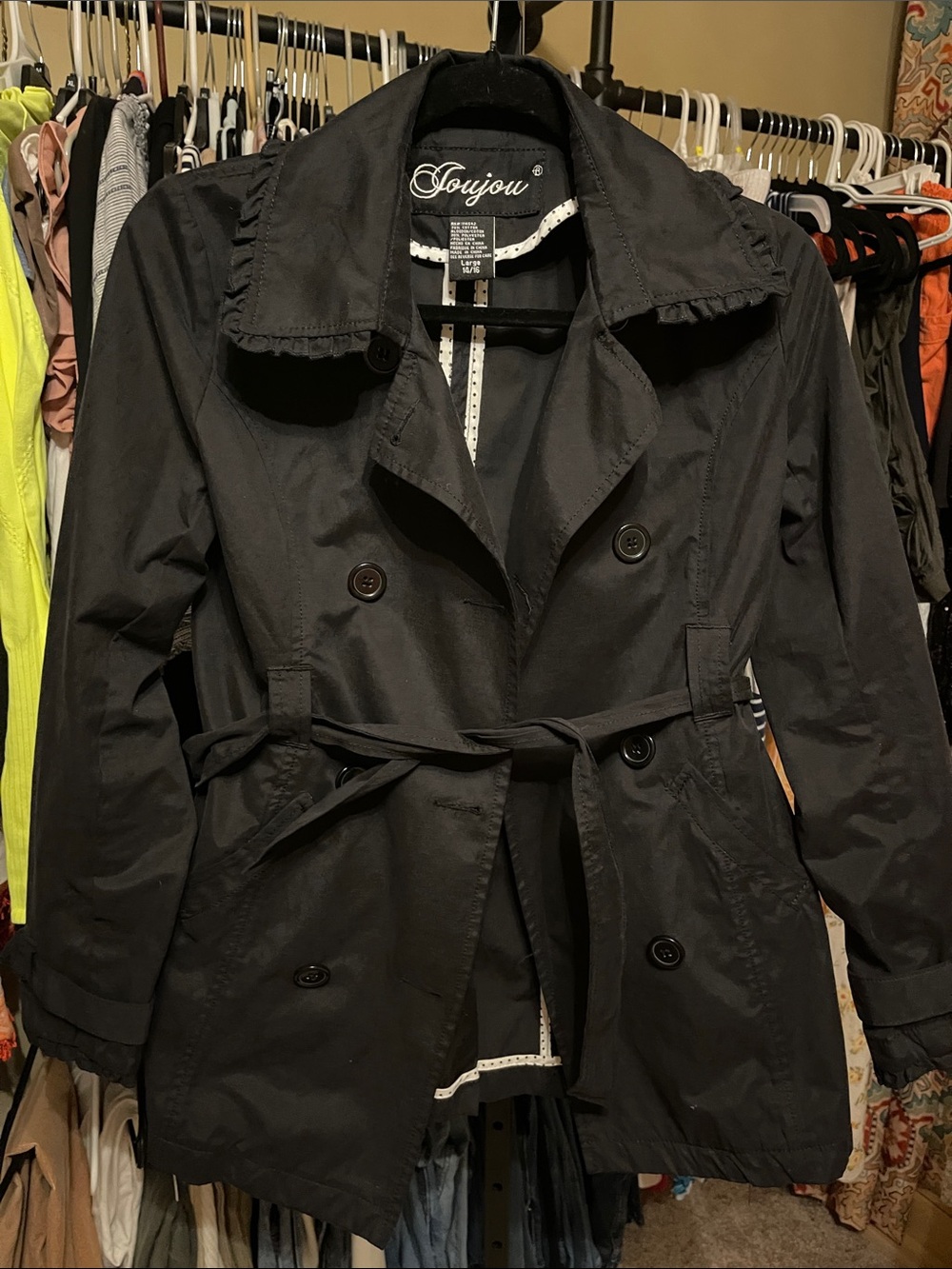 Jou Jou Black Double-Breasted Tie-Waist Trench with Ruffle Collar fits like M